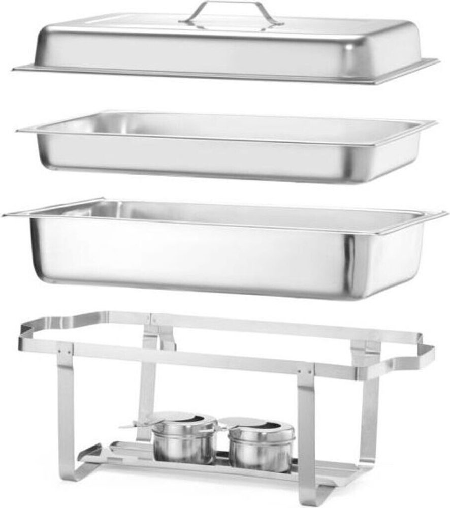 Composition du chafing dish : couvercle, bac alimentaire, bac à eau, châssis et deux brûleurs