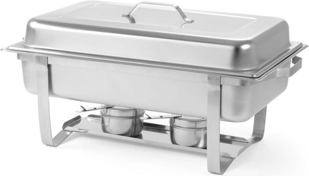 Chafing dish rectangulaire en inox, couvercle fermé, deux brûleurs